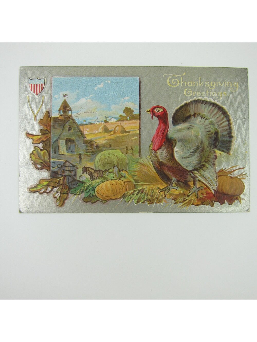 Thanksgiving Postcard Wild Turkey Farm Fruit Harvest Embossed Antique 1910